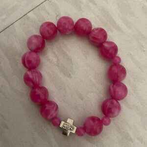 Pink Marble Stretchy Cross Beaded Bracelet